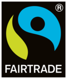 Fairtrade-Siegel, Icon eines Menschen mit erhobener Hand, Farben: Schwarz, Gelb-Grün, Türkis