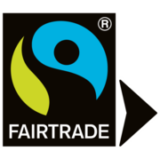 Fairtrade-Siegel mit einem schwarzen Pfeil, der nach rechts zeigt